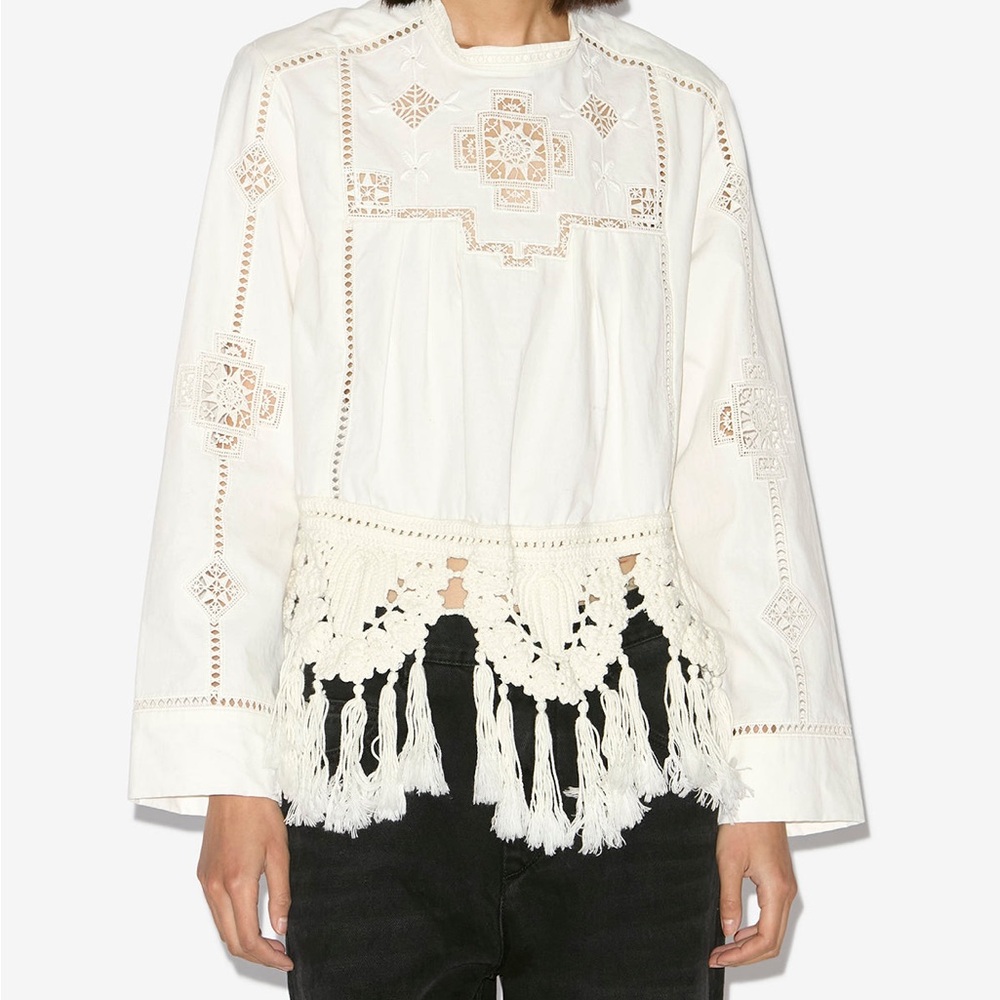 Isabel Marant Severine Crochet Fringe-Hem Long-Sleeve Blouse size 36